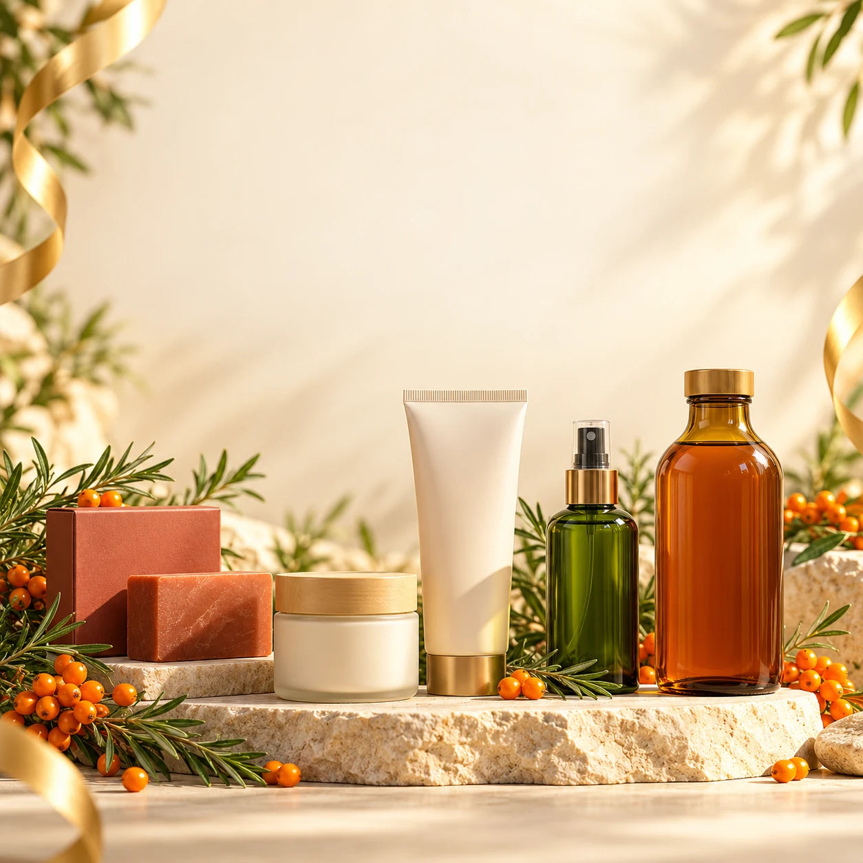Illustrative five-product collection on a sunlit botanical display